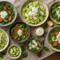 Летние зеленые салаты с айсбергом, шпинатом, овощами и йогуртовой заправкой